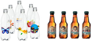 Alcuni esempi di stampa direct-to-shape. Le bottiglie presentano etichette personalizzate realizzate con stampa diretta.