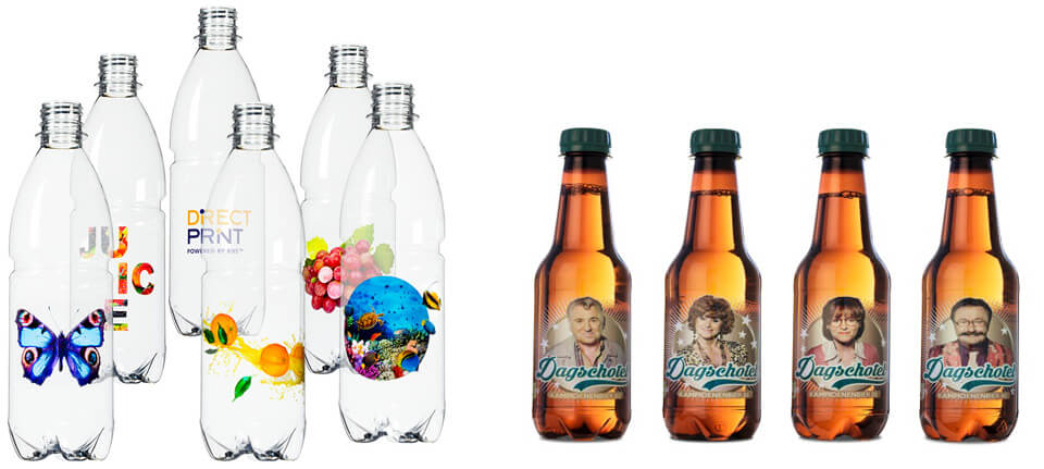 Alcuni esempi di stampa direct-to-shape. Le bottiglie presentano etichette personalizzate realizzate con stampa diretta.